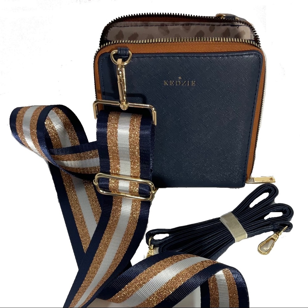 Kedzie Navy Blue Crossbody Bag Sleek Vertical Design Saffiano Vegan Leather Zip